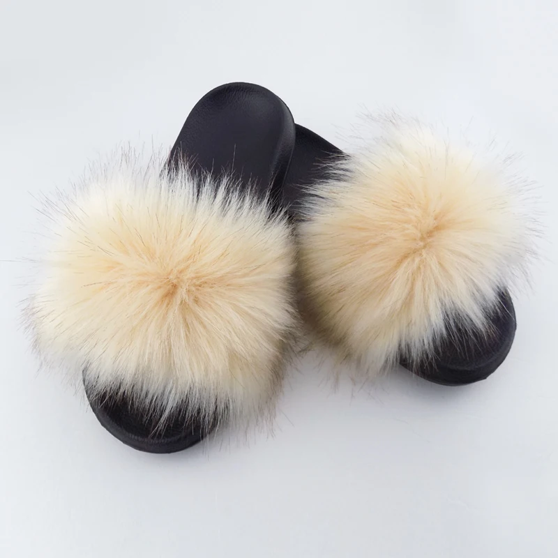 

Women Fur Slides Custom Fluffy raccoon Fur Slippers Fur Sandals, Red ,black ,green ,orange ,brown and so on