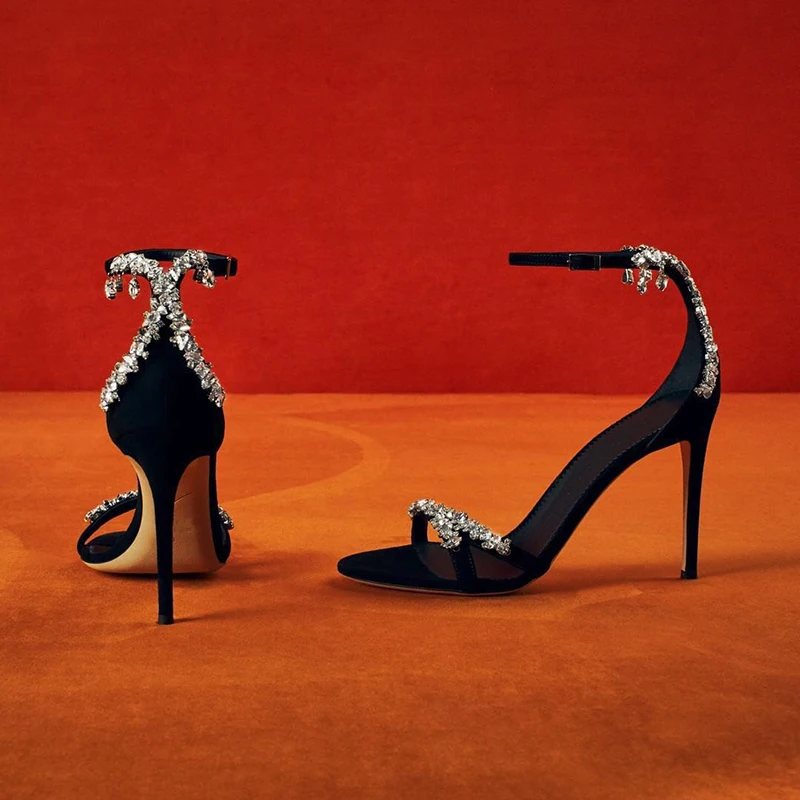 

Hoslasen Black Suede Rhinestones Cross Ankle Strap 2020 Sandals Women High Heels
