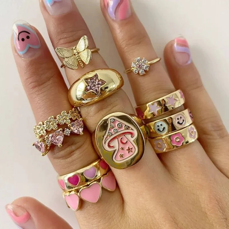 Adorable Colorful Enamel Mushroom Heart Smile Ring For Women Girl Party Wedding Stacking Gold Color Eternity Finger Band Rings