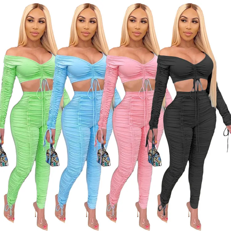 

Sexy Casual Suit Pleated Long Sleeve Strapless Top Drawstring Ruched Pants Set Solid Color Plus Size 2 Piece Sets Bodycon