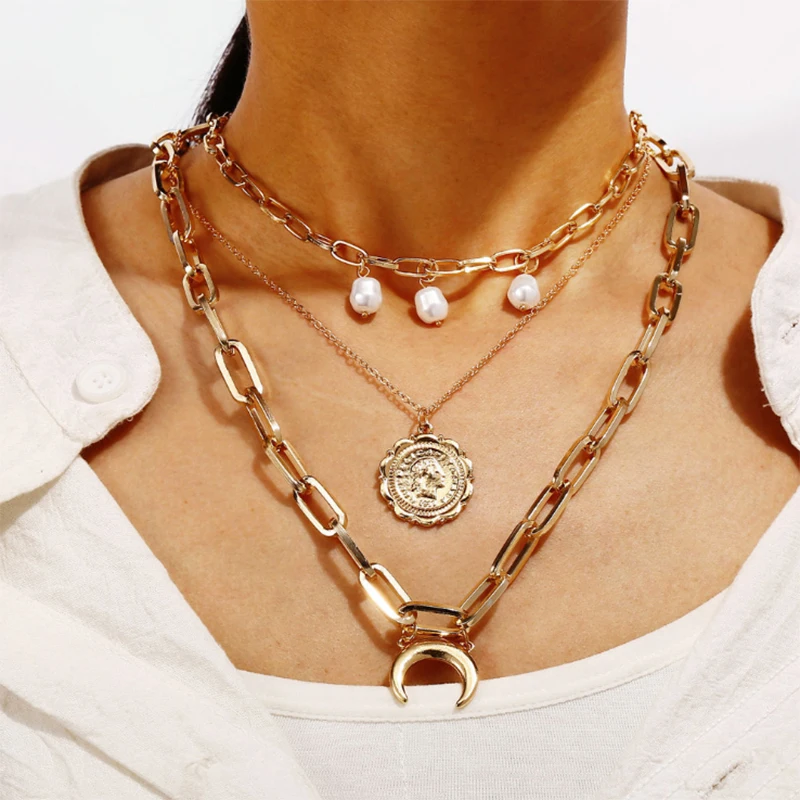 

2020 New Sweater Chain Creative Retro Muti-layer Pearl Crescent Pendant Three-layer Cross Pearl Necklace