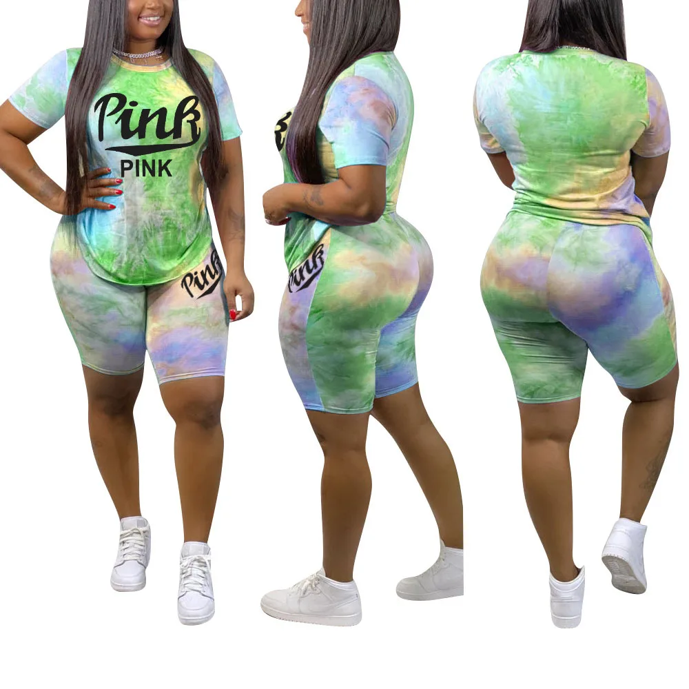 

summer 2021 tie dye set women clothing two piece printed letter pink
