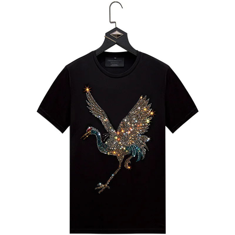 

New product custom men design stretch half sleeve t shirt Animal cranes Chinese style rhinestone t-shirt