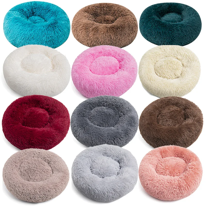 

Long Plush Fluffy Pet Bed For Cat Anti Slip Dot Bottom Calming Puppy Dog Donut Bed Round Cat Bed