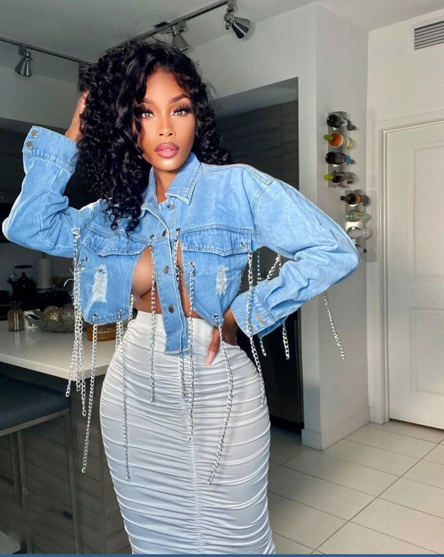 

A5743 Sexy Tassel Chain Backless Blazer Women Plus Size Denim Coats