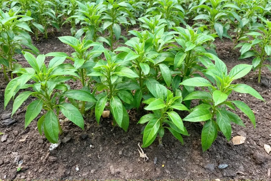 Healthy pepper seedlings in garden showing proper spacing and growth stage