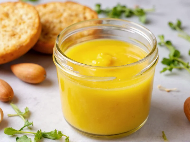 Homemade honey mustard sauce in glass jar with fresh ingredients