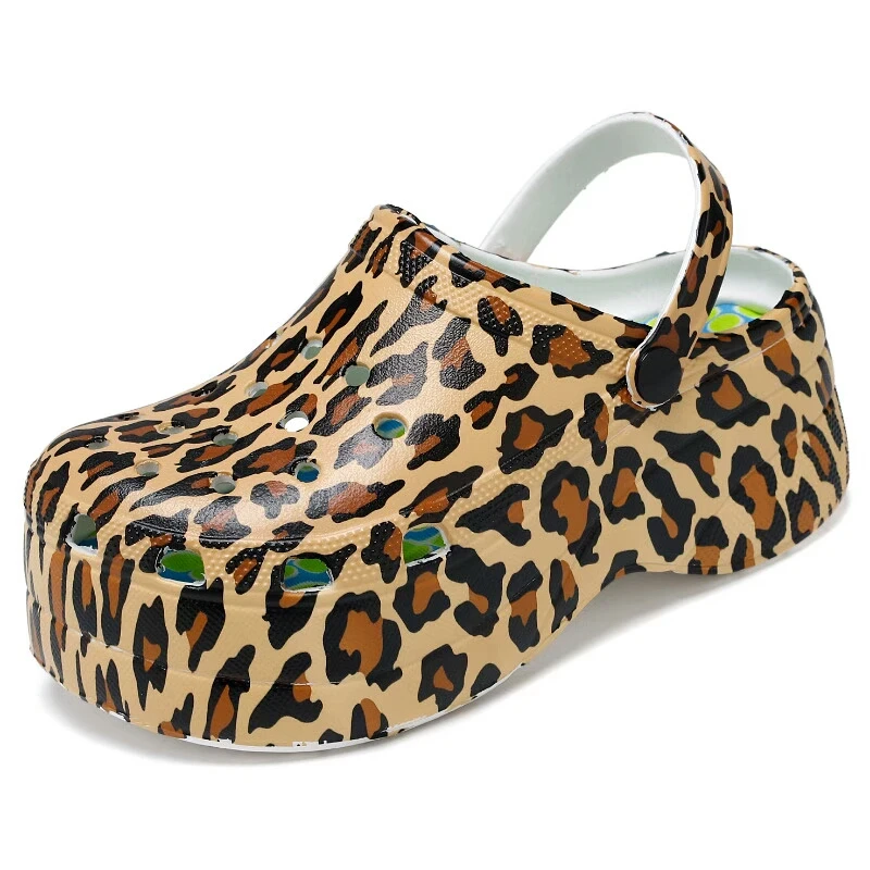 

Women's high platform cheetah leopard printing tie dye clogs women platform gardener eva clog 10cm heel wedge shoes for women