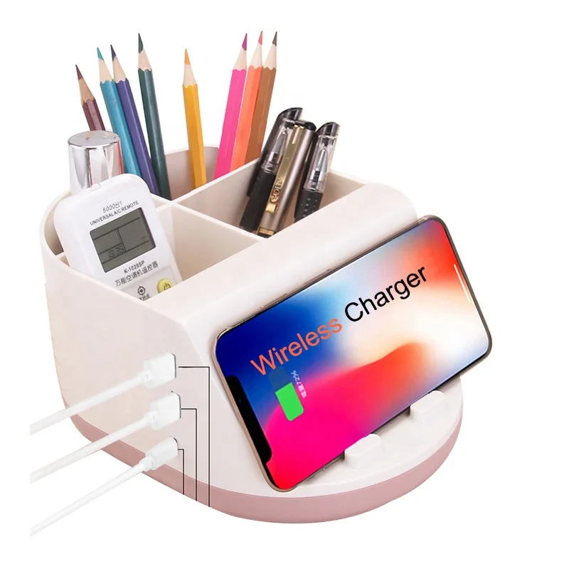 

Wik-DT Trending Products 2021 New Arrivals Cell Phone Desktop Organizer 10W Charging 2 USB Ports Wireless Charger Storage Box, Blue pink gray khaki