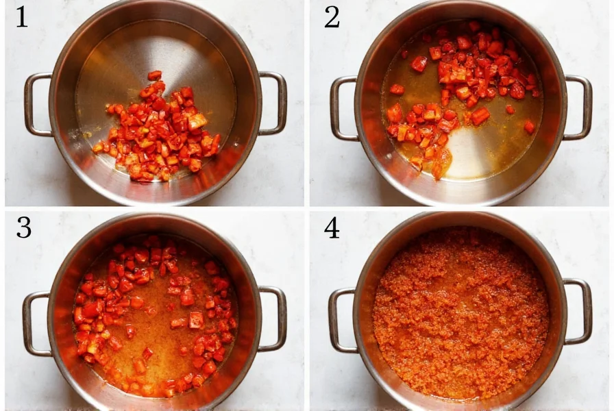 Step-by-step visual guide showing chopped peppers, sugar, and vinegar mixture bubbling in a copper pot for hot pepper jam preparation