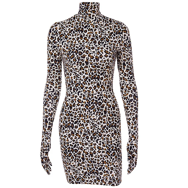 

leopard print long sleeve with gloves sexy mini dress autumn winter women club high neck streetwear