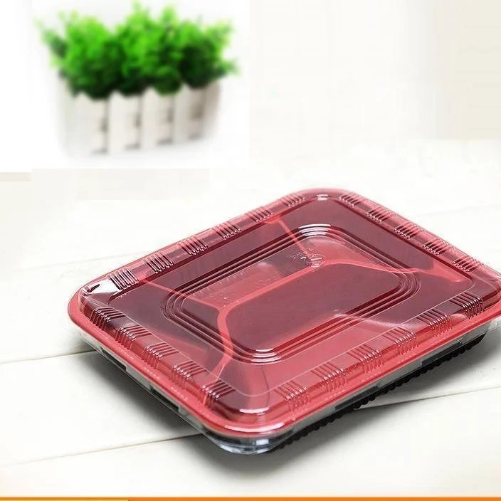 

Amazon Disposable Plastic Bento Lunch Box 4 Compartment Lunch Box, Reddish black;green white;yellow white