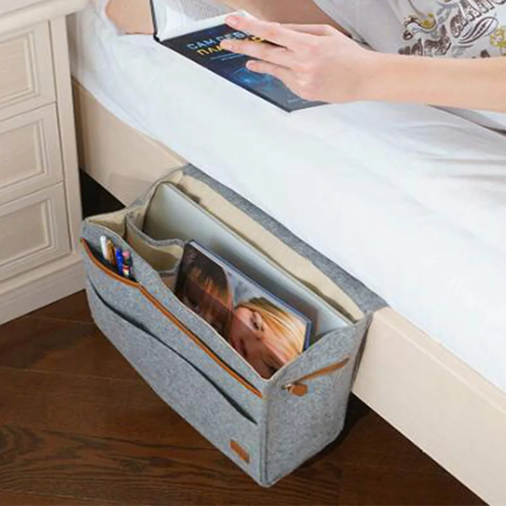 

Bed Pocket Hanging Bedside Storage Organizer Bag Holder Felt Bedside Caddy for Book Magazine Bottle Remote Laptop Phone, Gray