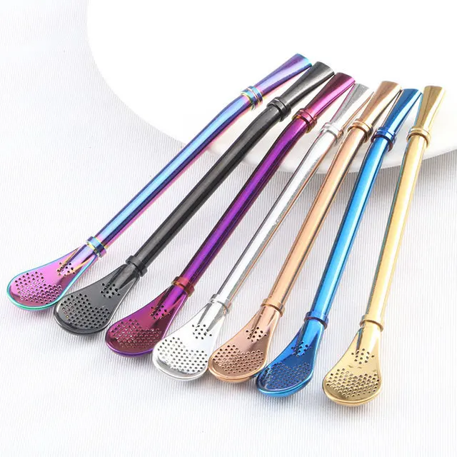 

Amazon Hot Sell Stainless Steel Yerba Mate Drinking Straws With Filter Spoon, Rainbow,rose gold,purple,gold,blue,black,sliver