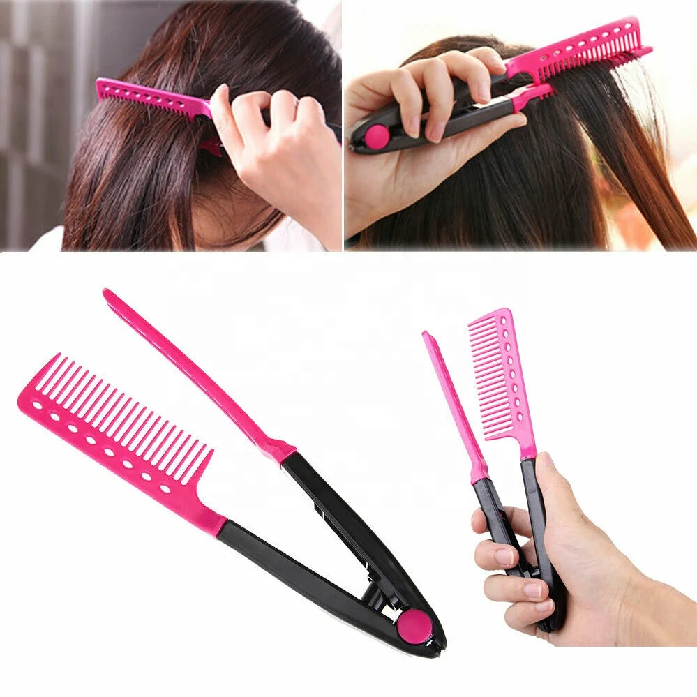 

Hair Straightener Folding V Comb Straightening Brush Styling Hairdressing Salon V-clip Design Hair Curling Comb Hair Straighteni, Rose red,rose red