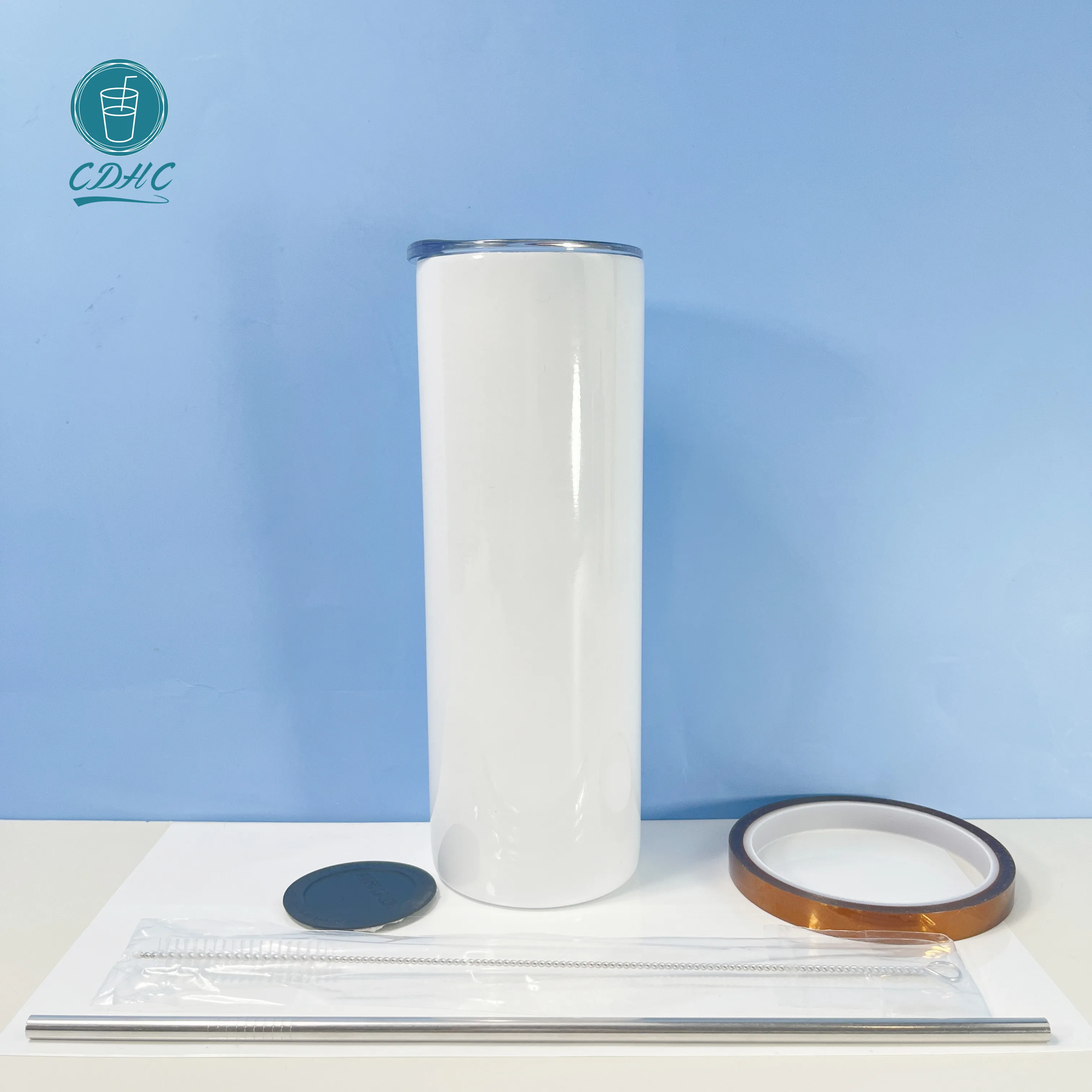 

US warehouse  straight sublimation blank double wall stainless steel tumbler set with metal straw brush sublimation tumbler, White