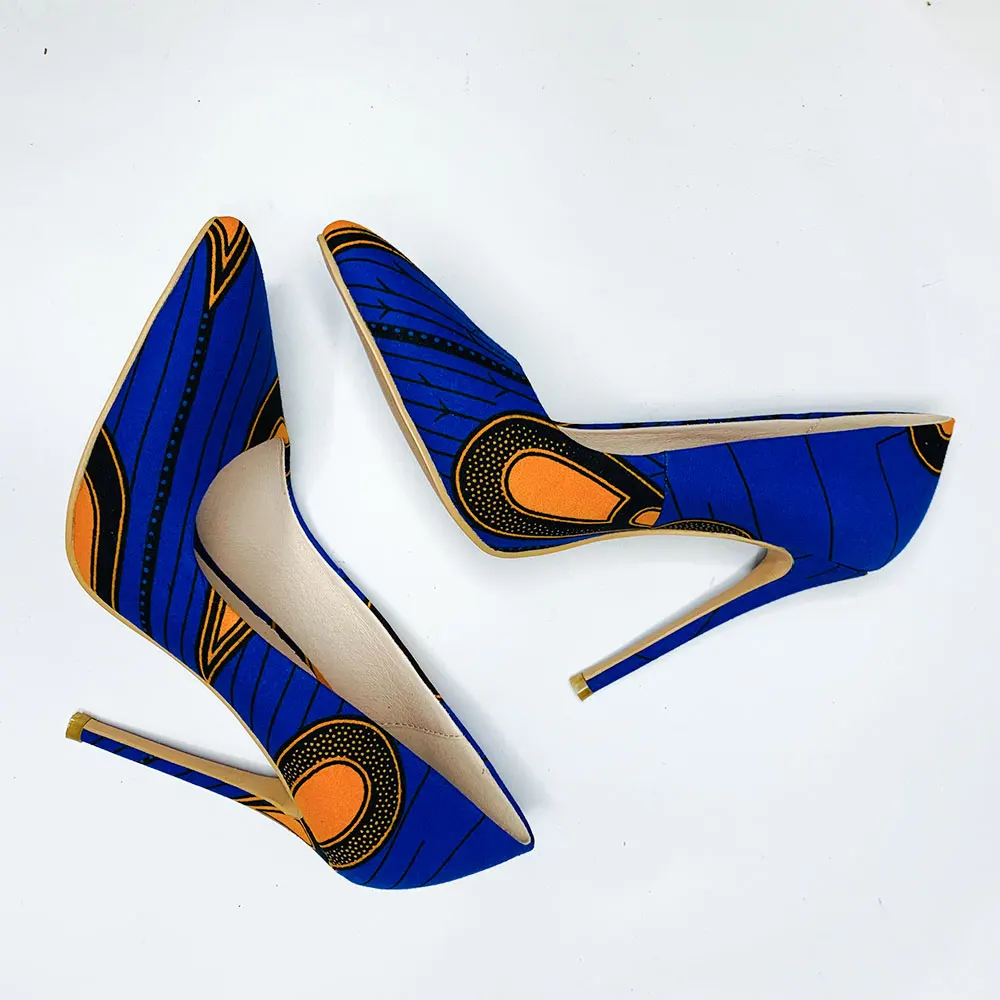 

High Quality Blue Peacock African Wax Print Pump Shoes Women Office Shoes Casual High Heels Shoes, Customized