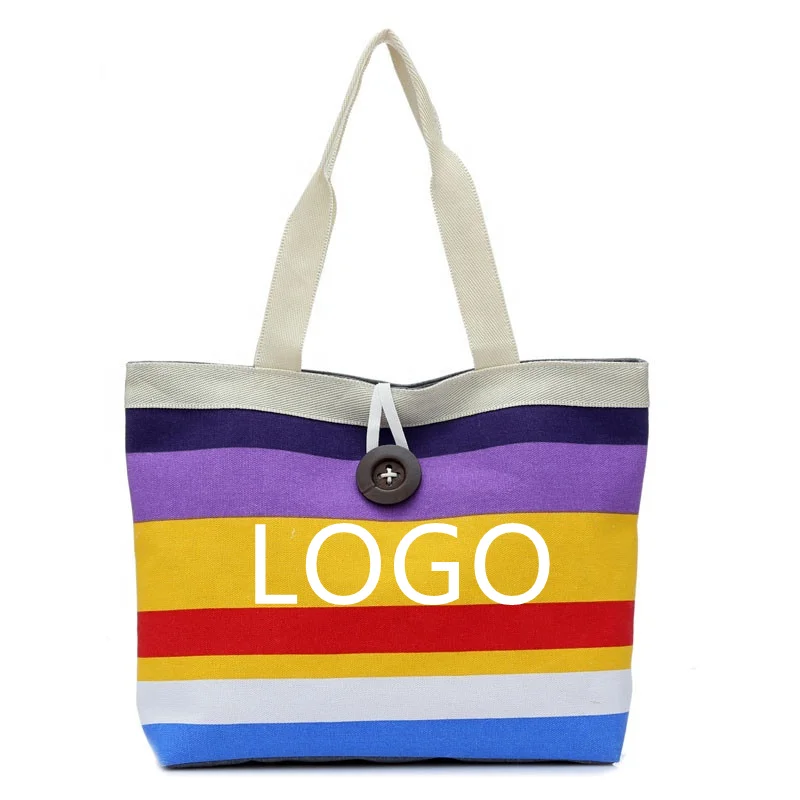 

Custom Logo Canvas Cotton Tote Bag Travel Colored Stripe Handbag, Colored or customized color