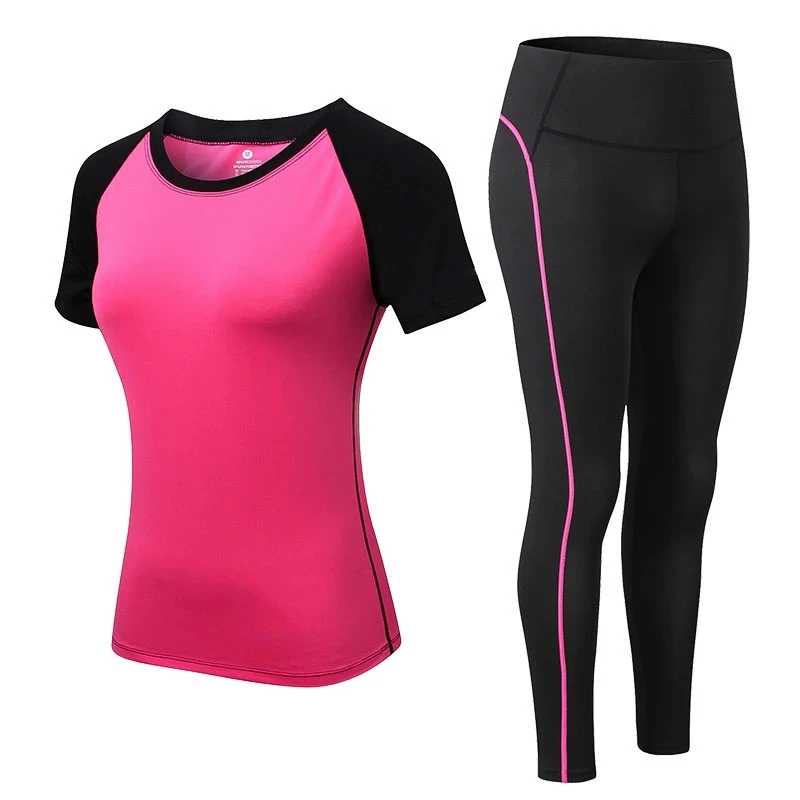 

Color Block Women Sports Short Sleeve Set Pink Slim Fit Nylon Tracksuit, Black/customized color