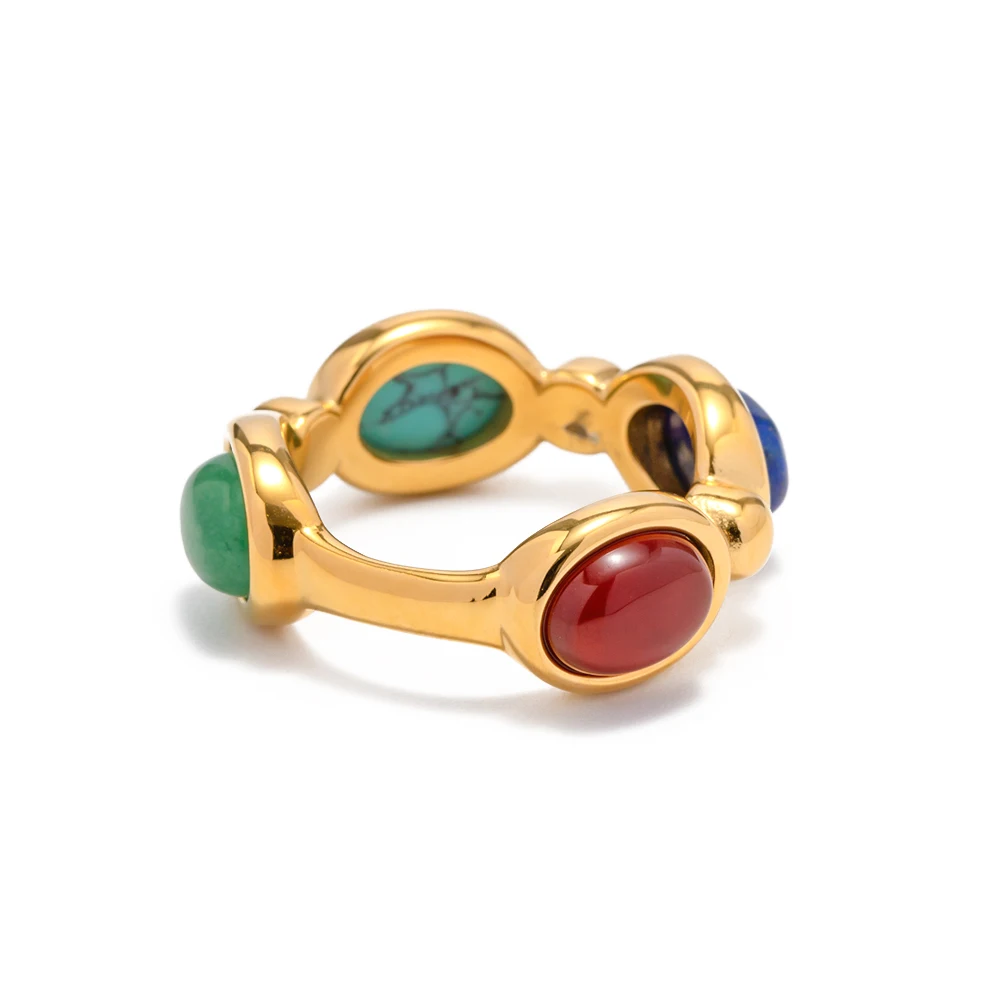 

Luxurious Colorful Natural Stone 18K Gold Plated Turquoise Lapis and Onyx Mix Inlaid Rings Fashion Jewelry