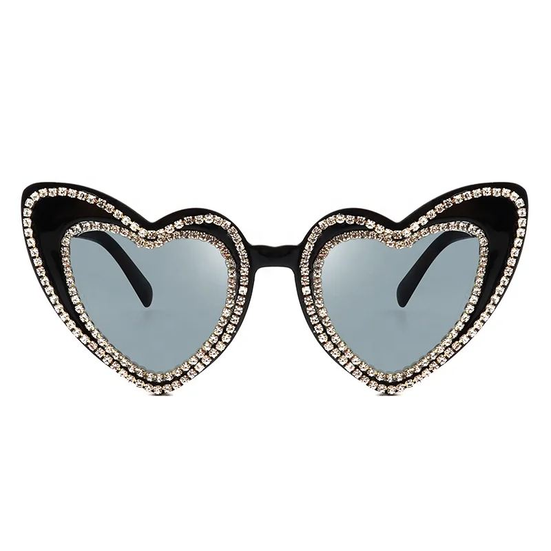 

2021 Lovely Diamond Shade Heart Shape Ladies Sun Glasses UV400 Rhinestone Sunglasses, Can be customized