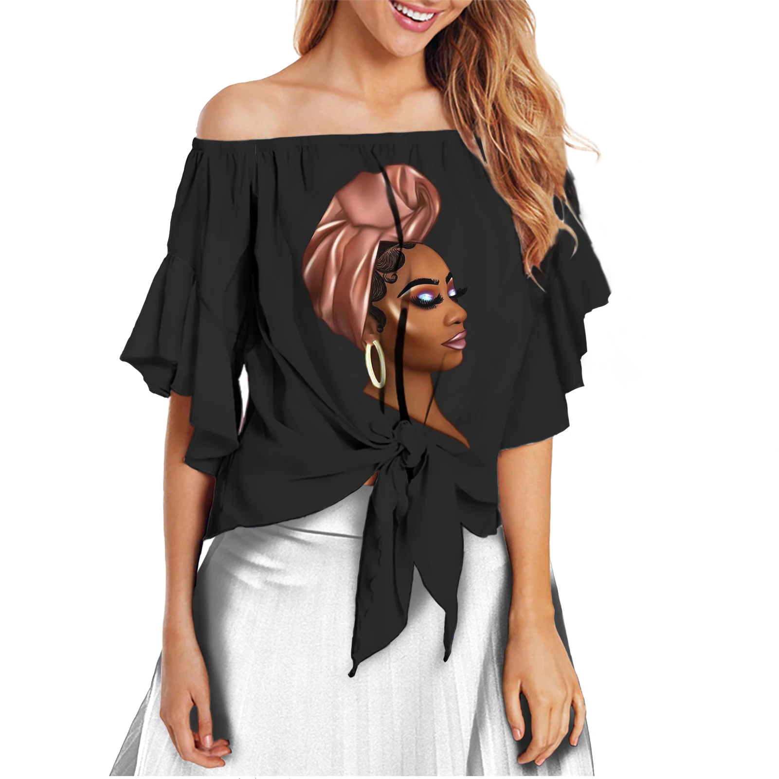 

Casual Sexy African Magic Girl Print Sexy Shirts for Women Casual Summer Off The Shoulder Blouse Shirts Loose Short Sleeve Bulk
