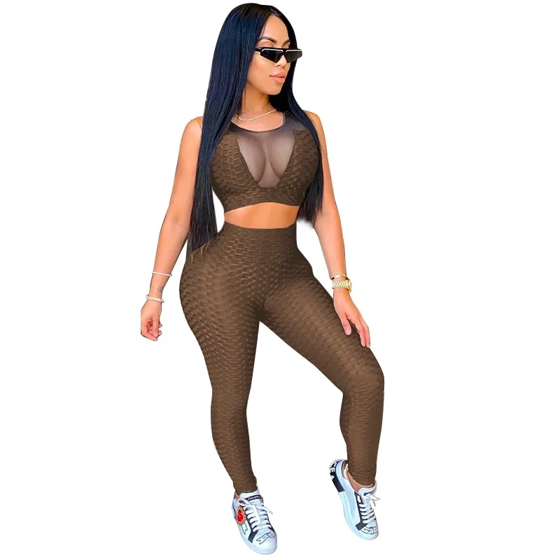 

2020 Outdoor Sportswear Fitness Gym Clothing Sexy Patchwork Women Sleeveless Kakhi Translucent Sport Wear Plus Size Sets