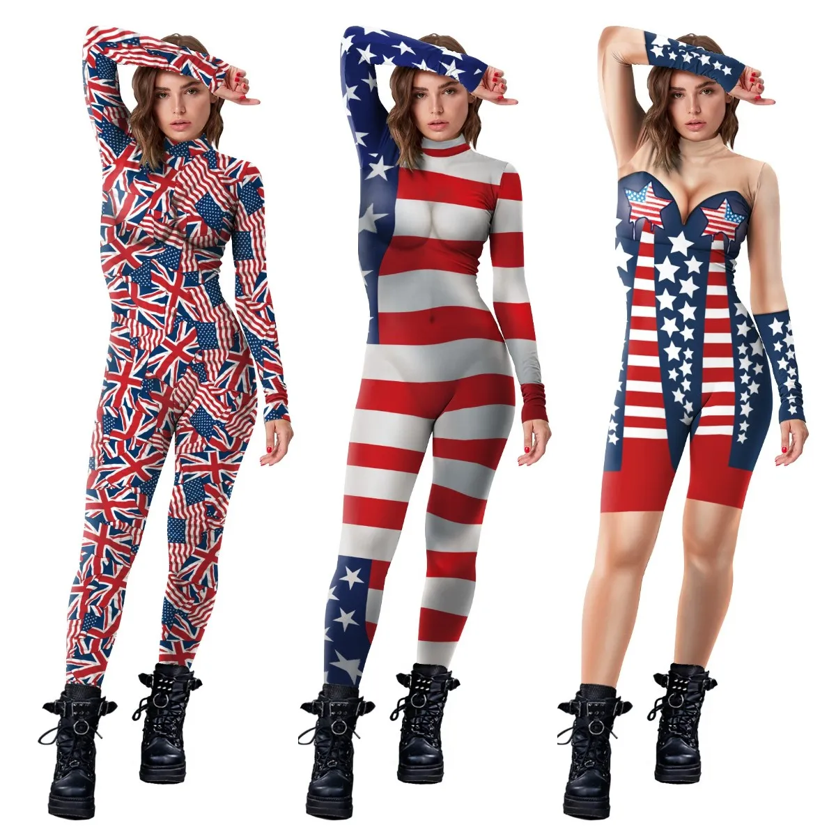 

NADANBAO Manufacturer OEM Design 3D Printing Women Costume American USA Flag Print Jumpsuit Independence Day Costume Adult