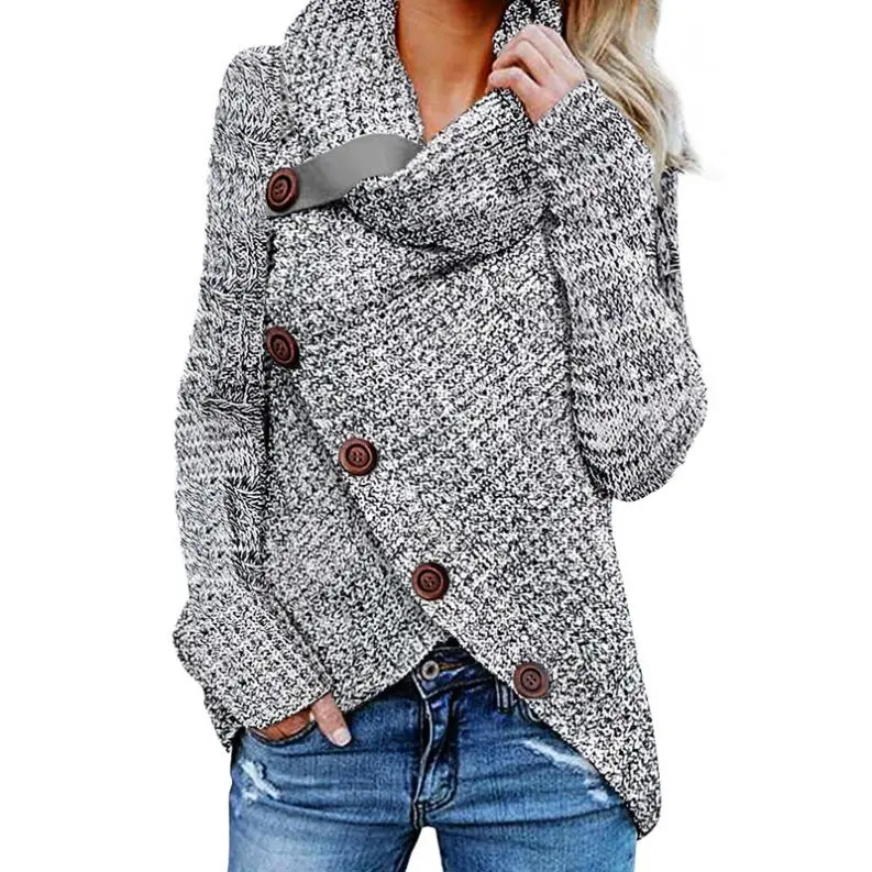 

Custom OEM Winter Ladies Heather Gray Buttoned Wrap Turtleneck Women Sweater, Customized women's sweaters