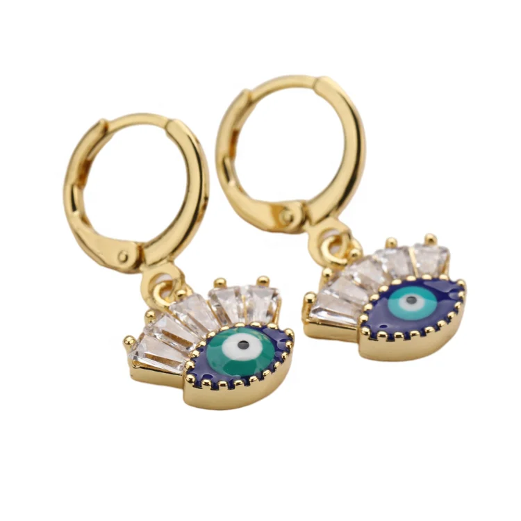 

Fashionable Gold Plated Cubic Zircon Paved Women Devil Turkey Blue Eye Charm Jewelry CZ Bling Lucky Pendant Huggie Hoop Earrings