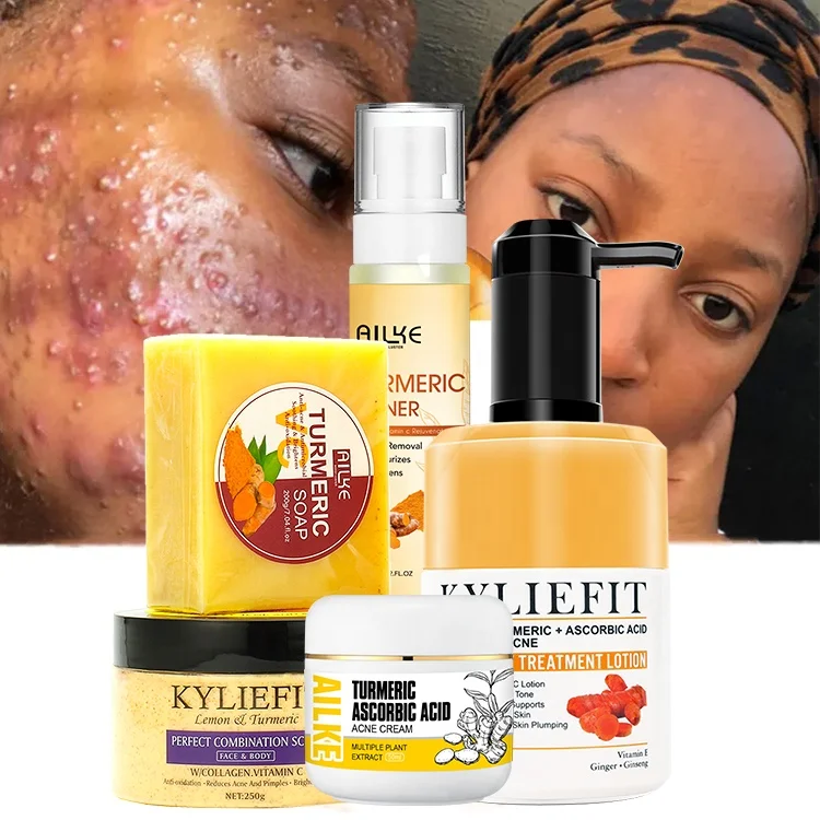 

AILKE Private Label Skincare Products Face Care Natural Tumeric Body Scrub Soap Anti Acne Organic Turmeric Skin Care Set