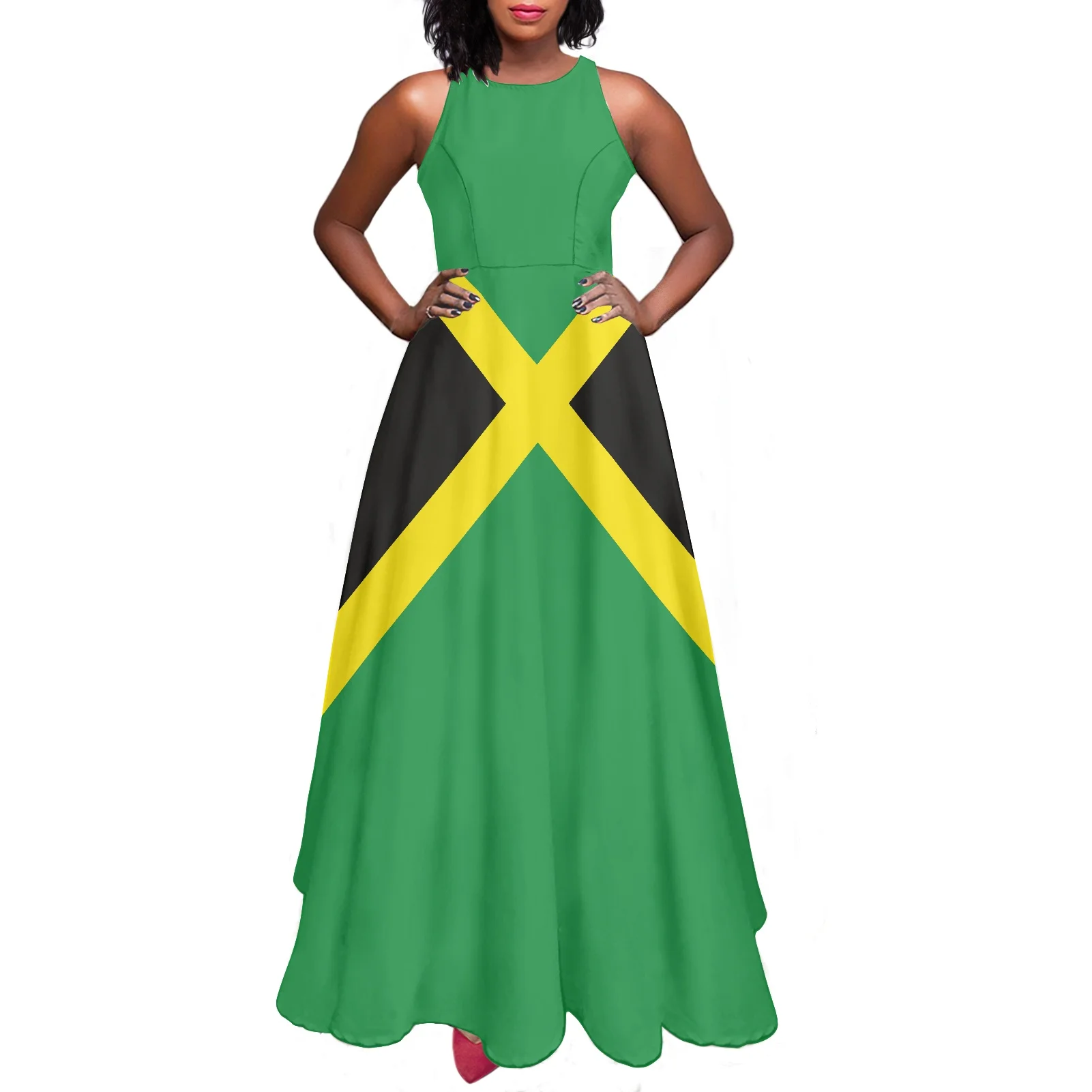 

Women Summer Dresses Jamaica National Flag Printed Beach Sleeveless Vintage Pocket A-line Casual Fitted Cocktail Long Maxi Dress, Customized color