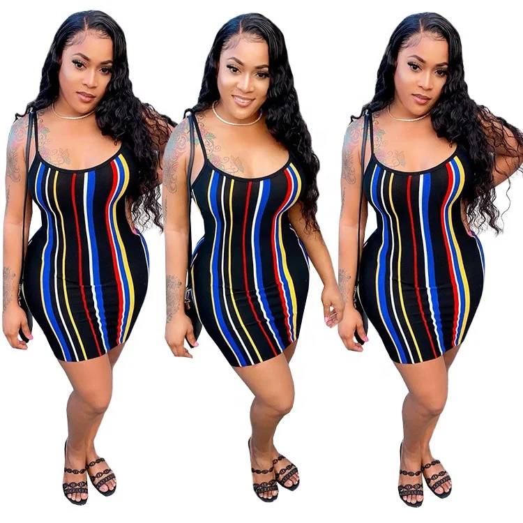

2021 Summer Digital Positioning Printed Skirt Mini Rainbow Striped Woman Sexy Short Mini Dress