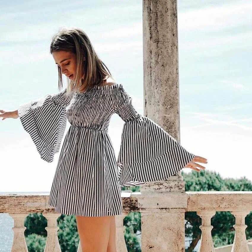 

Flare Sleeve Off Shoulder Mini Striped Summer Casual Women Dress