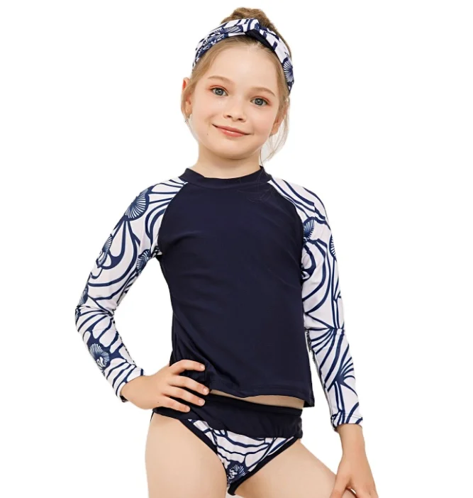 

Girls' Swimwear Set Long Sleeve Rash Guard and Bikini Bottoms Swim Suit Set, Black and white