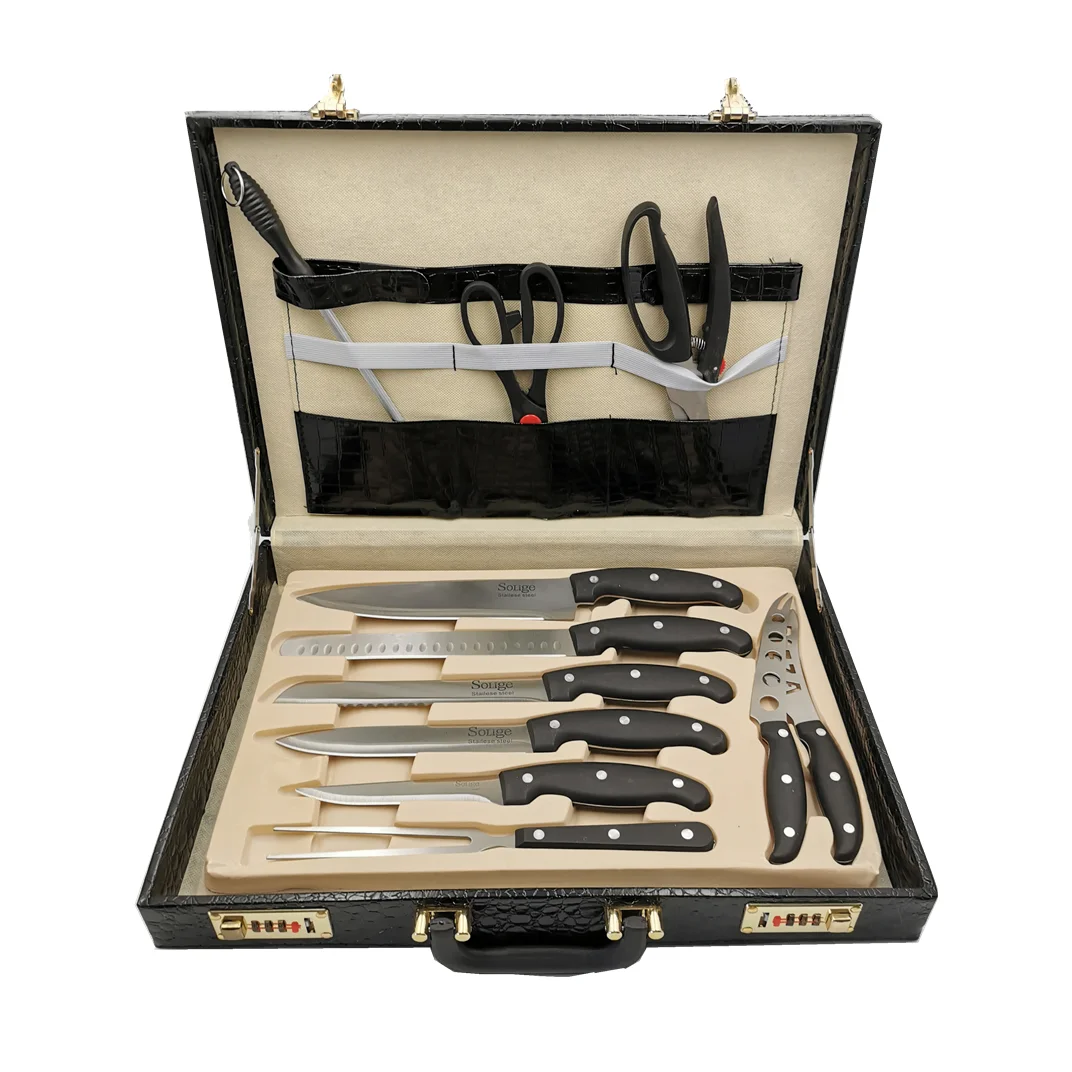 

wholesale stock stainless steel plastic handle chef knife set 25pcs knife gift box kitchen knife set, Burgundy wooden texture