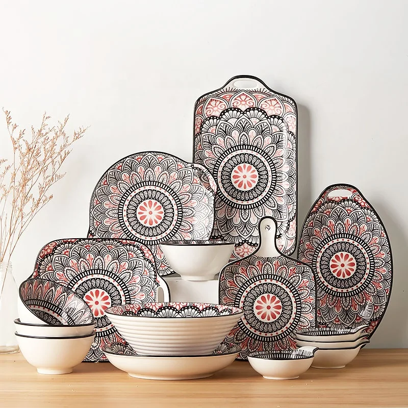 

Moroccan Bohemian Style Ceramic Round Bowl Porcelain Oval Plate Platos Tableware Dinner Dish Dinnerware Set, As picture showing