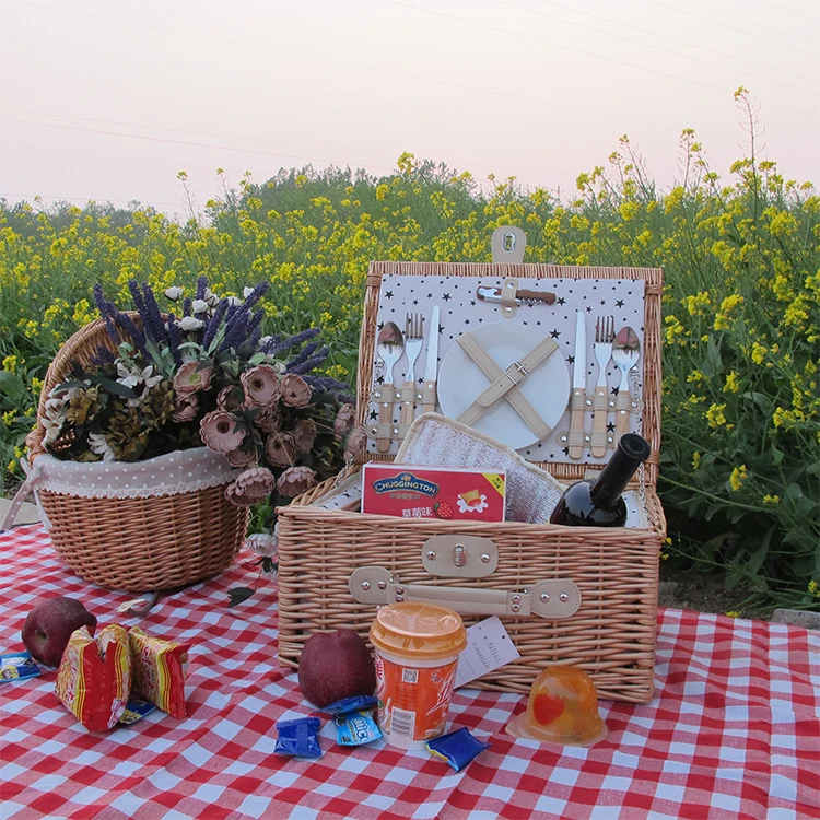 Wooden Wholesale Foldable Picnic Basket Wicker Woven Set Collapsible
