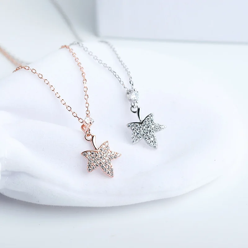 

Wholesale Unique Design Sterling Silver Rose Gold Plated 925 Silver Maple leaves Pendant Fashion Jewelry Necklace For Women, Rose gold,platinum