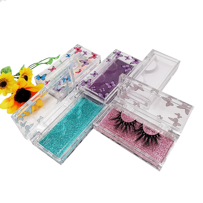 

Private label new style rectangular lash boxes 25 mm mink lashes transparent butterfly acrylic lash packaging case with tray, Colorful