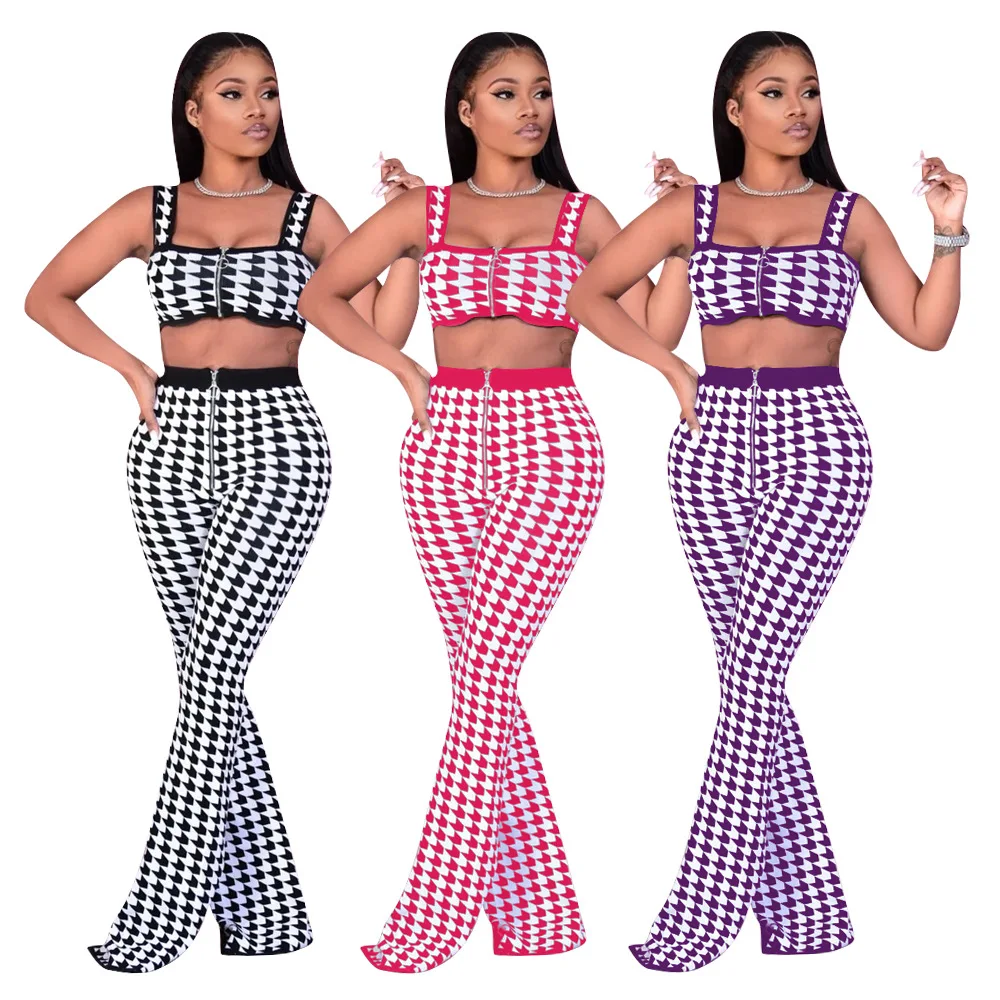 

F8326 Best selling high quality fashion bodycon strapless bra 2 pieces printing new design lattice outfits spring 2 piece sets
