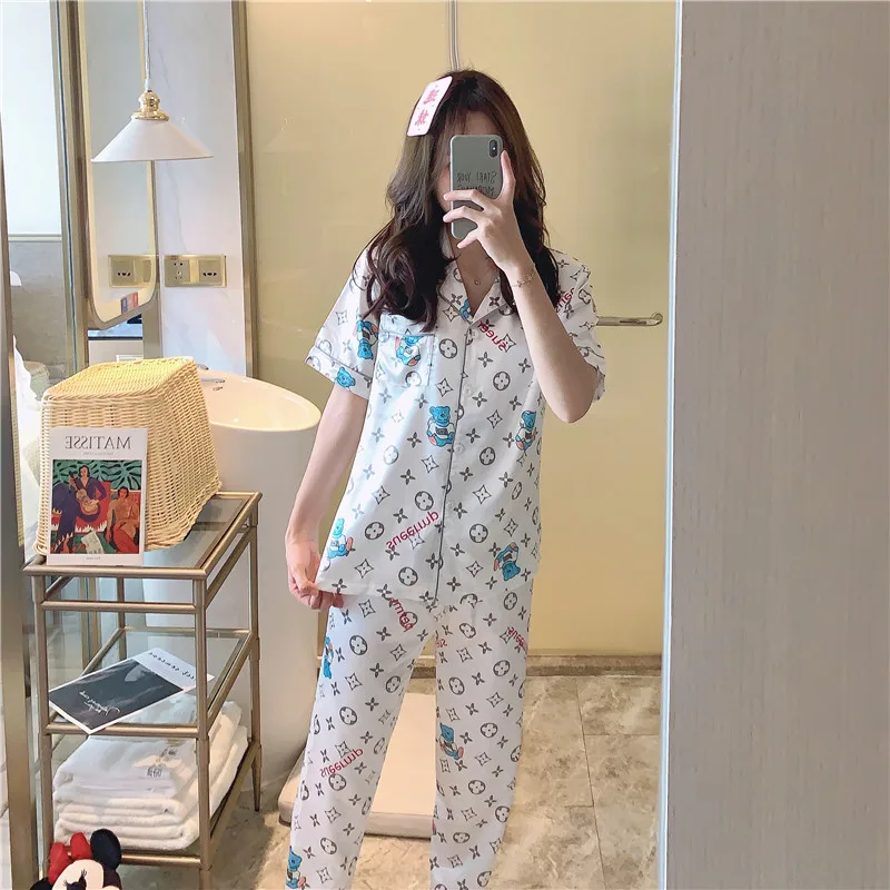 
Short-sleeved trousers suit ladies nightgown silk thin girl nightdress ice silk printing pajamas Cute sleepwear 