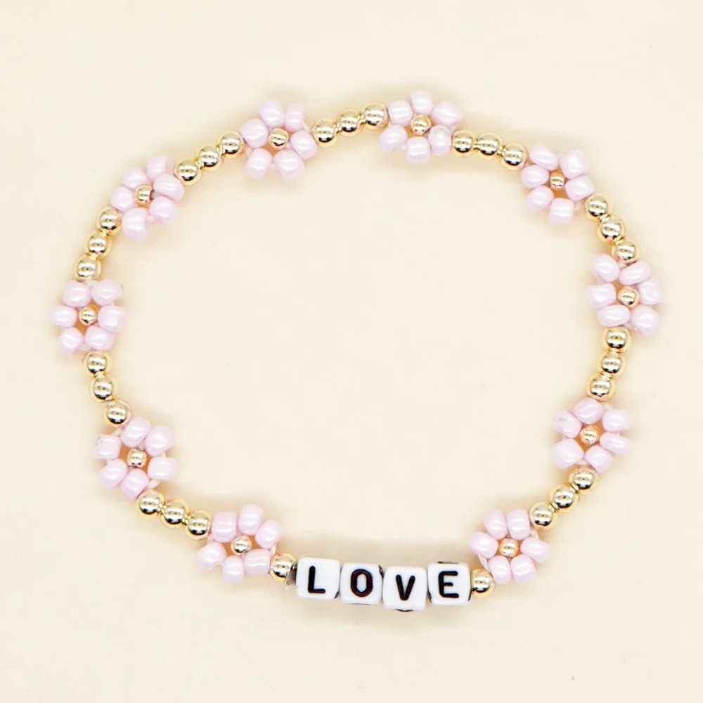 

Go2BoHo Daisy Flowers Bracelet Bohemia Jewelry 3mm Gold Beads Letter Bracelet For Girl Gift