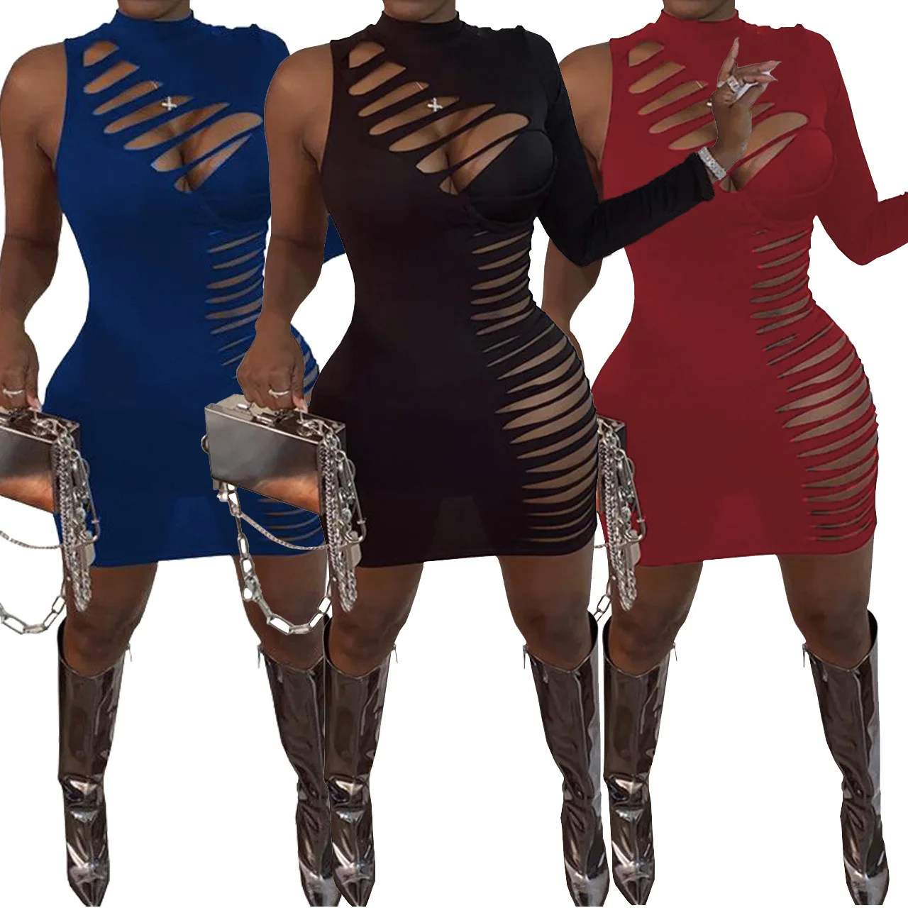 

Q724 fashion European and American women's single-sided sleeve hollow sexy dress