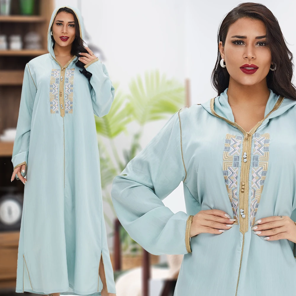 

FREE SAMPLE Embroidery Long Sleeve Hoodie Woman Robe Middle East Dress kaftan moroccan dubai muslim dresses Islamic Clothing, Sky blue, yellow