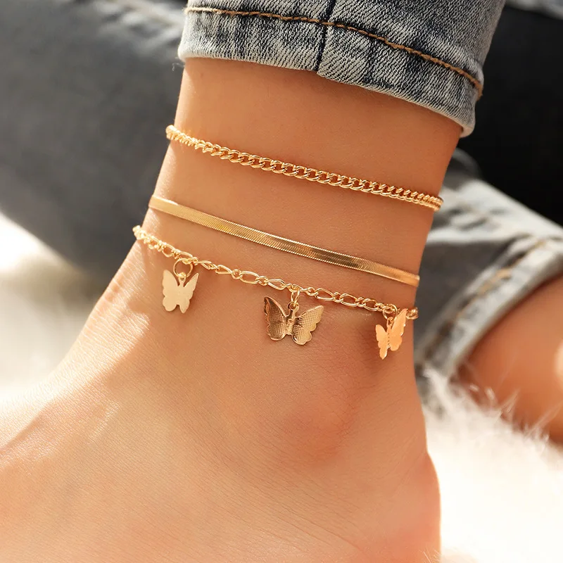 

Hot Sale New Arrival 3pcs/set Gold Plated Snake Chain Butterfly Ankle Bracelet Gold Tone Multilayer Butterfly Pendant Anklet