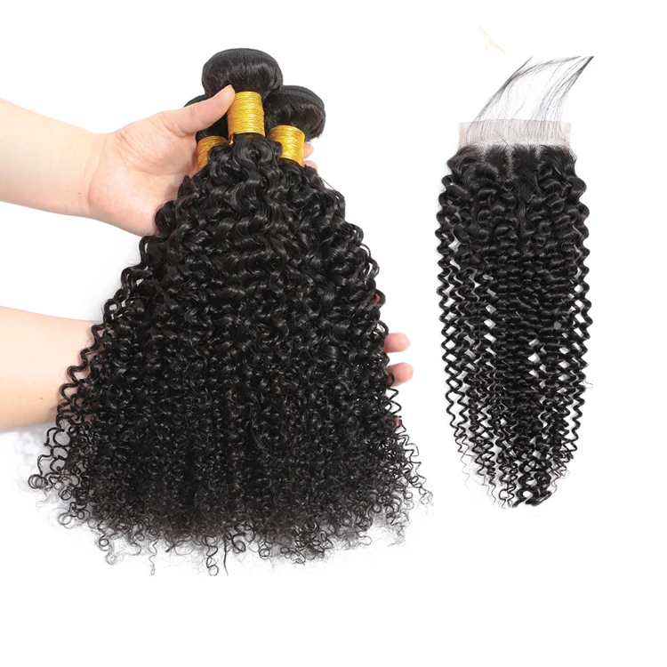 

Cheap Virgin Unprocessed Mongolian Kinky Curly Remy Hair Bundle 3Pcs With Lace Closure Free Shipping, 1b natural color