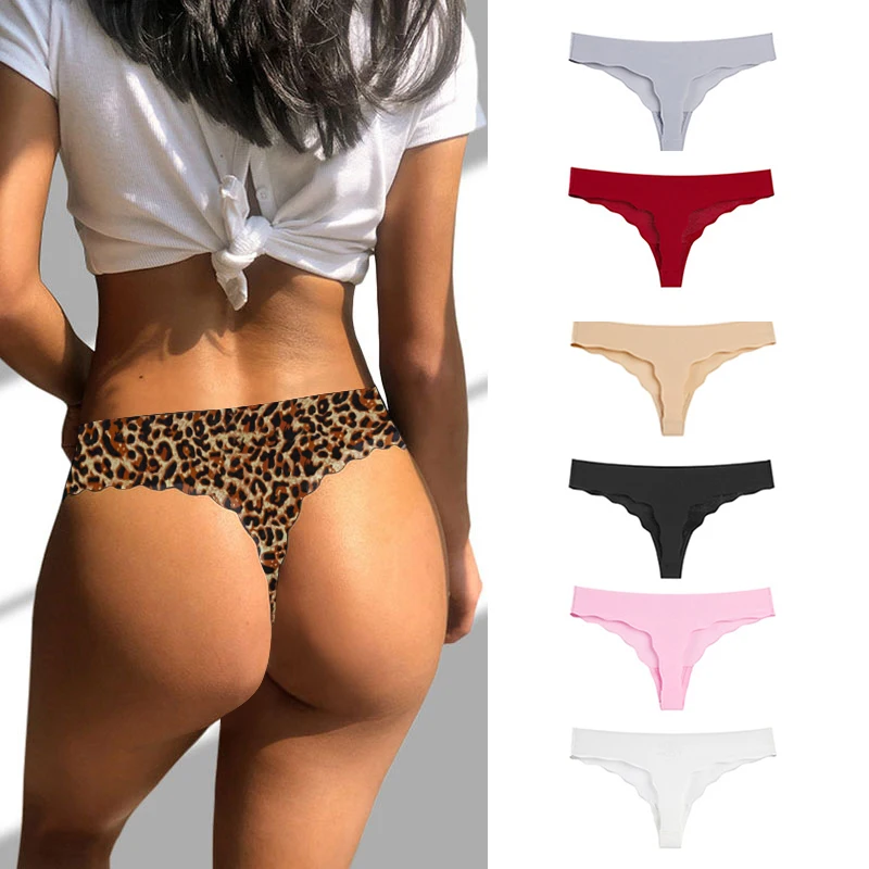 

Japanese Womens Ice Silk Seamless Smooth Ladies Sexy Thong Underwear Back Leopard Printing On Elastic For Laser Cut Panties, 8 colors