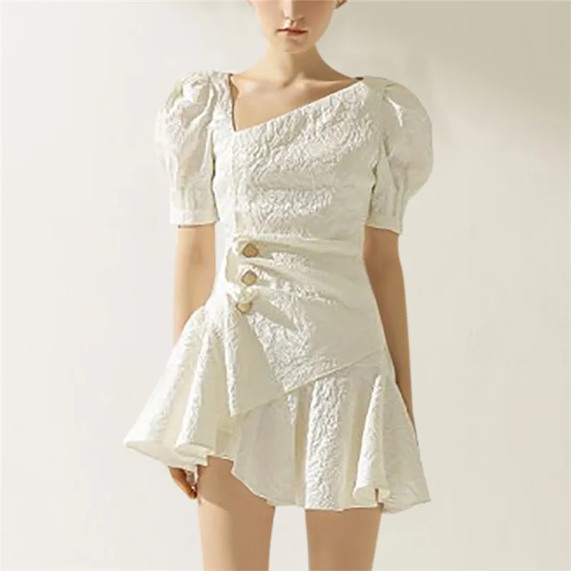 

2021 Summer Moda De Ropa De Mujer Elegant Short Sleeve High Waist Button Asymmetric Allure Women 100% Polyester Casual Dresses