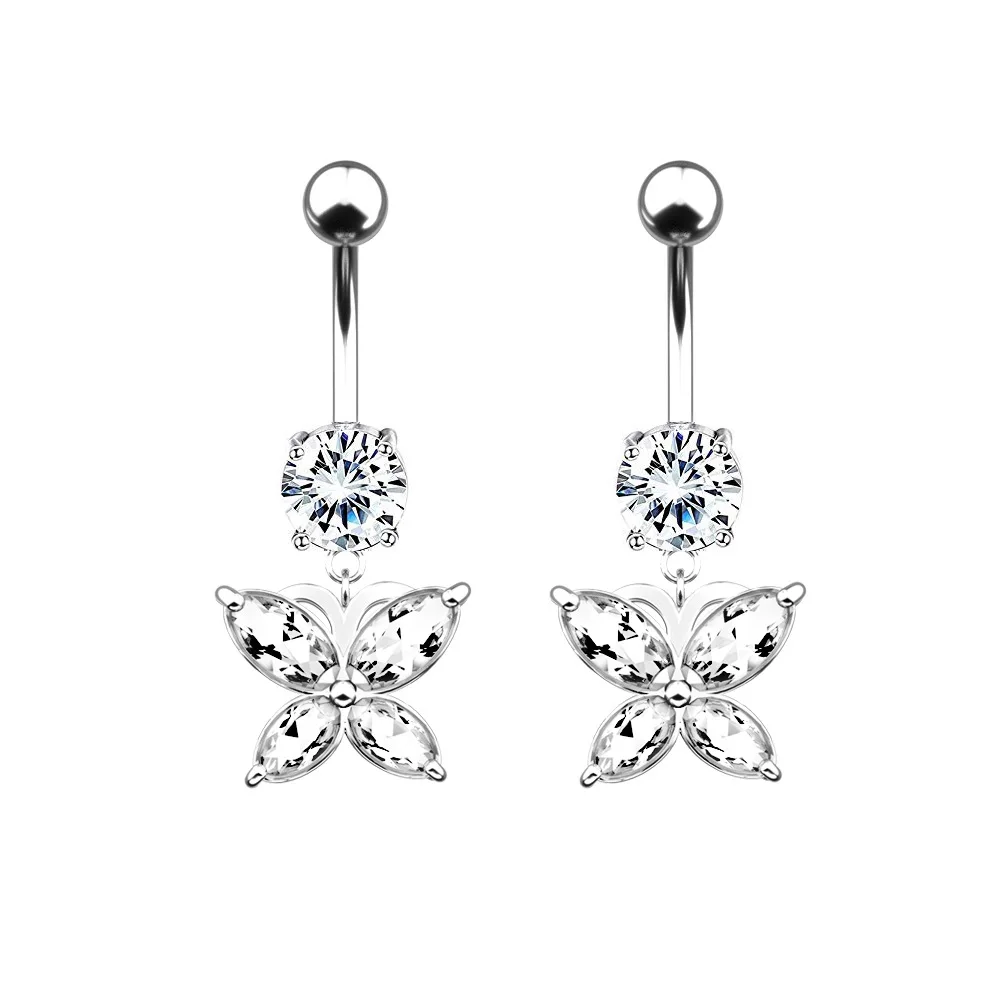 

New Arrival Fashion Body Piercing Jewelry Clear Shining Crystal Butterfly Navel Rings CZ Flower Belly Button Rings
